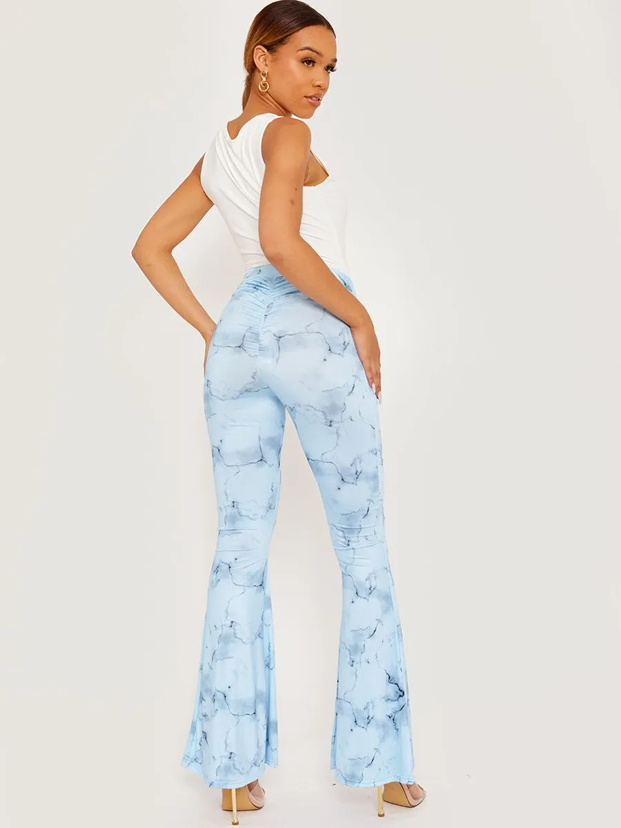 Villy Tie-Dye Scrunch Back Flared Slinky Trousers In Blue