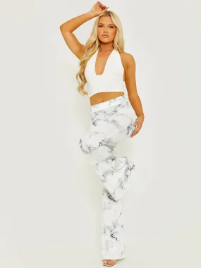 Villy Tie-Dye Scrunch Back Flared Slinky Trousers In White