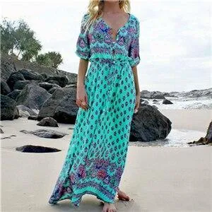 Womens Summer Boho Maxi Long Bandage Dress Evening Sexy Party Beach Dresses Sundress Floral Bohemian Dress Robe