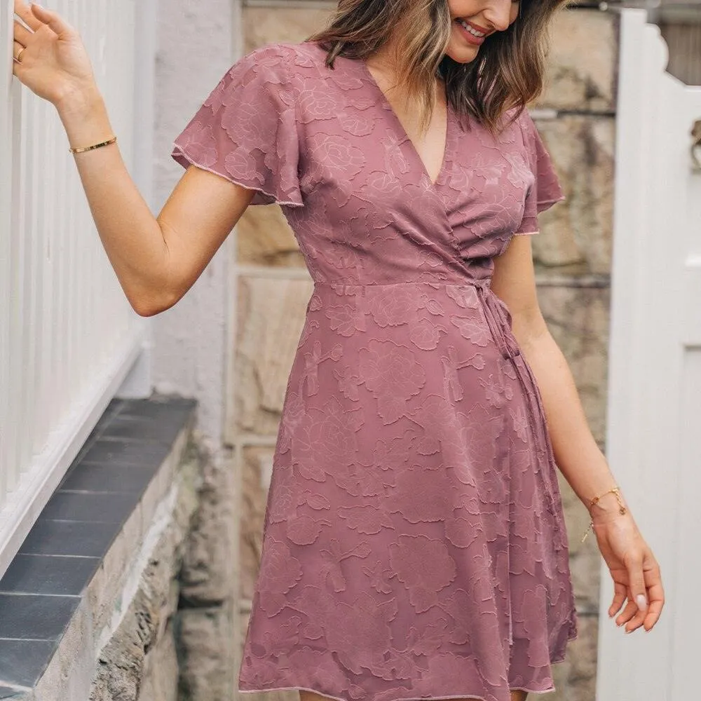 Wrap Tie Ruffled A-line V-Neck Flared Short Sleeve Mini Dress