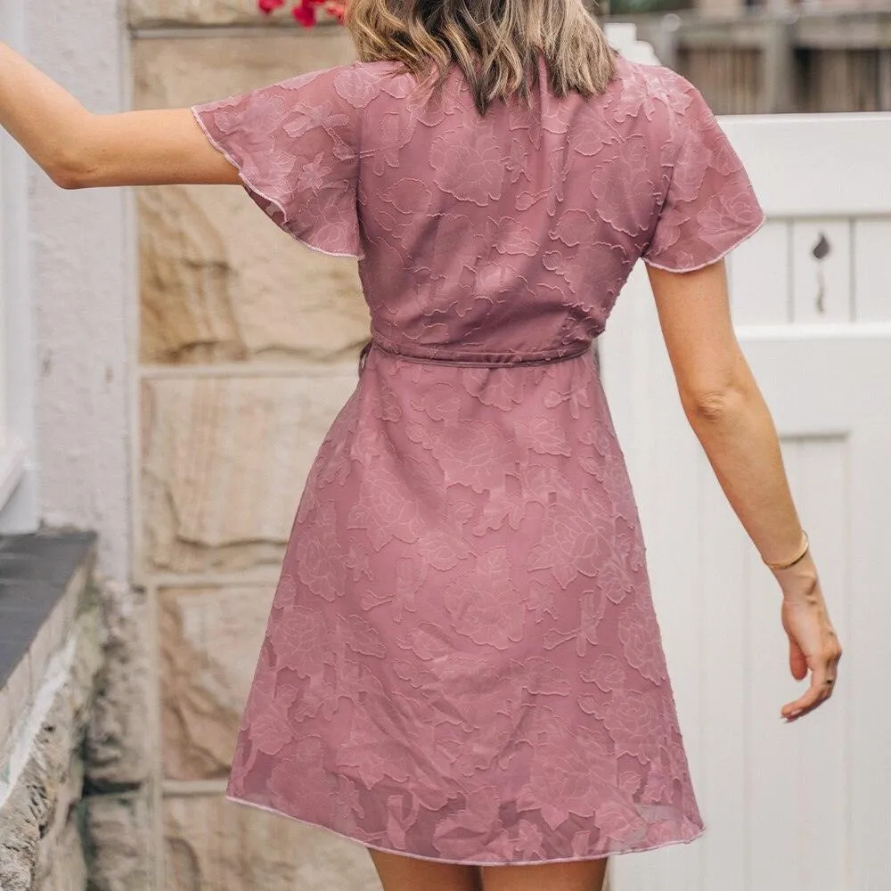 Wrap Tie Ruffled A-line V-Neck Flared Short Sleeve Mini Dress