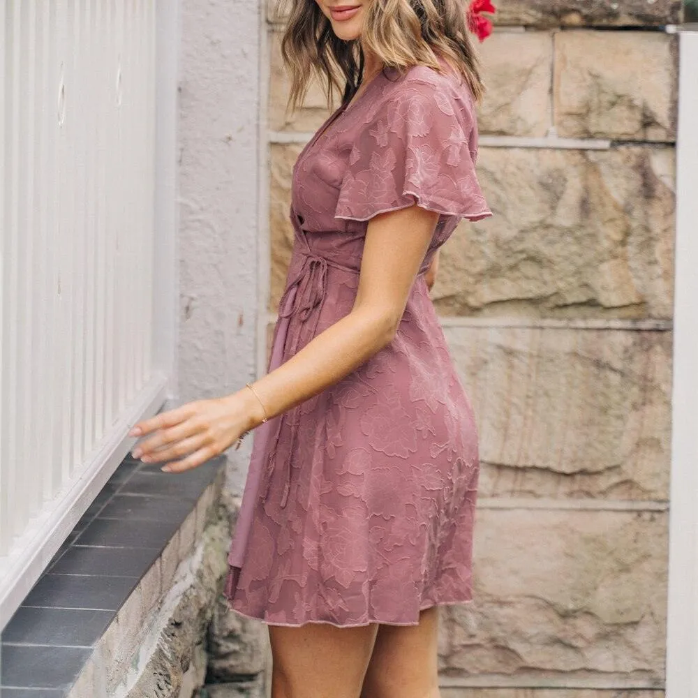 Wrap Tie Ruffled A-line V-Neck Flared Short Sleeve Mini Dress