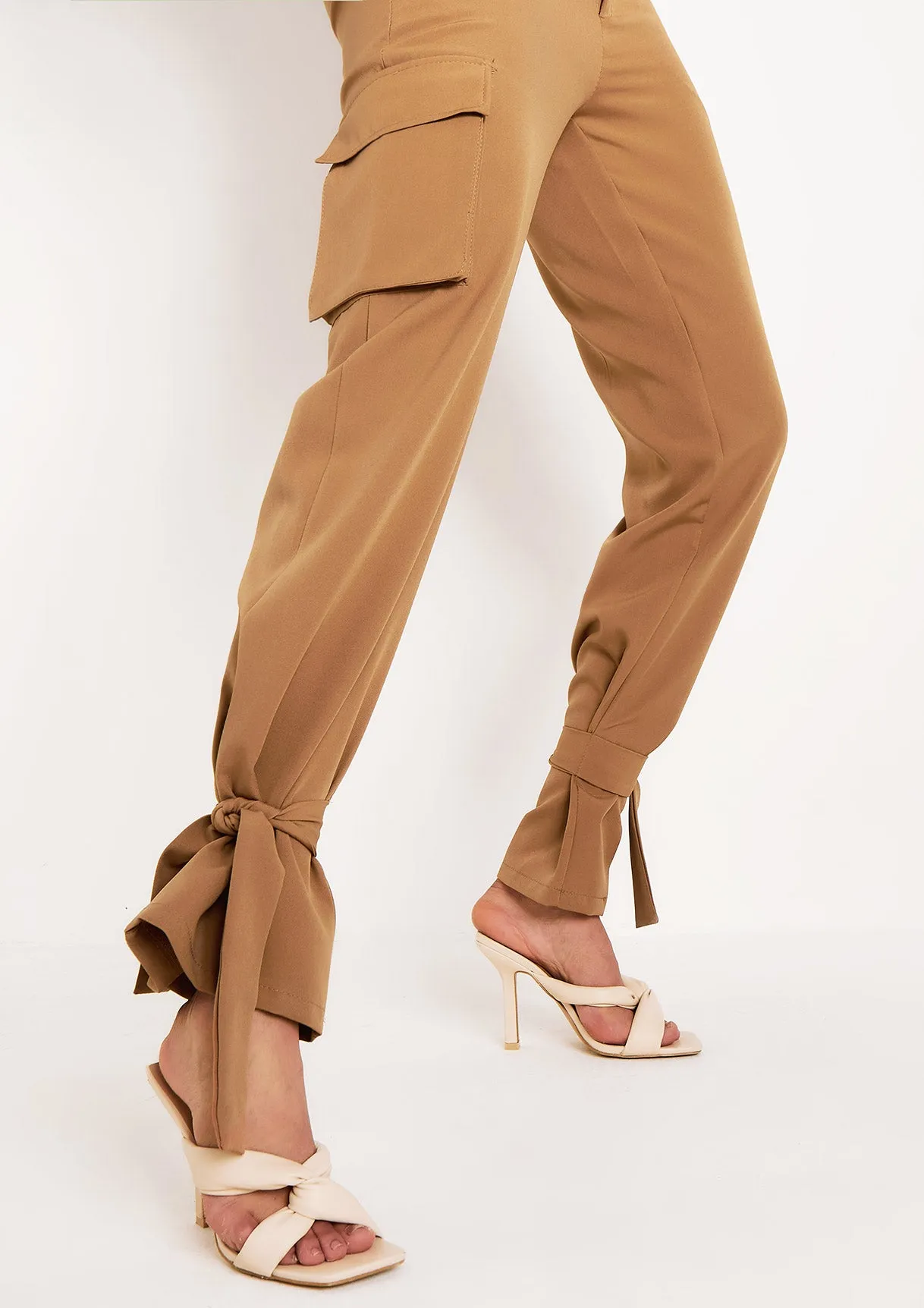 Zoey Camel Tie Ankle Pocket Detail Tailored Trouser