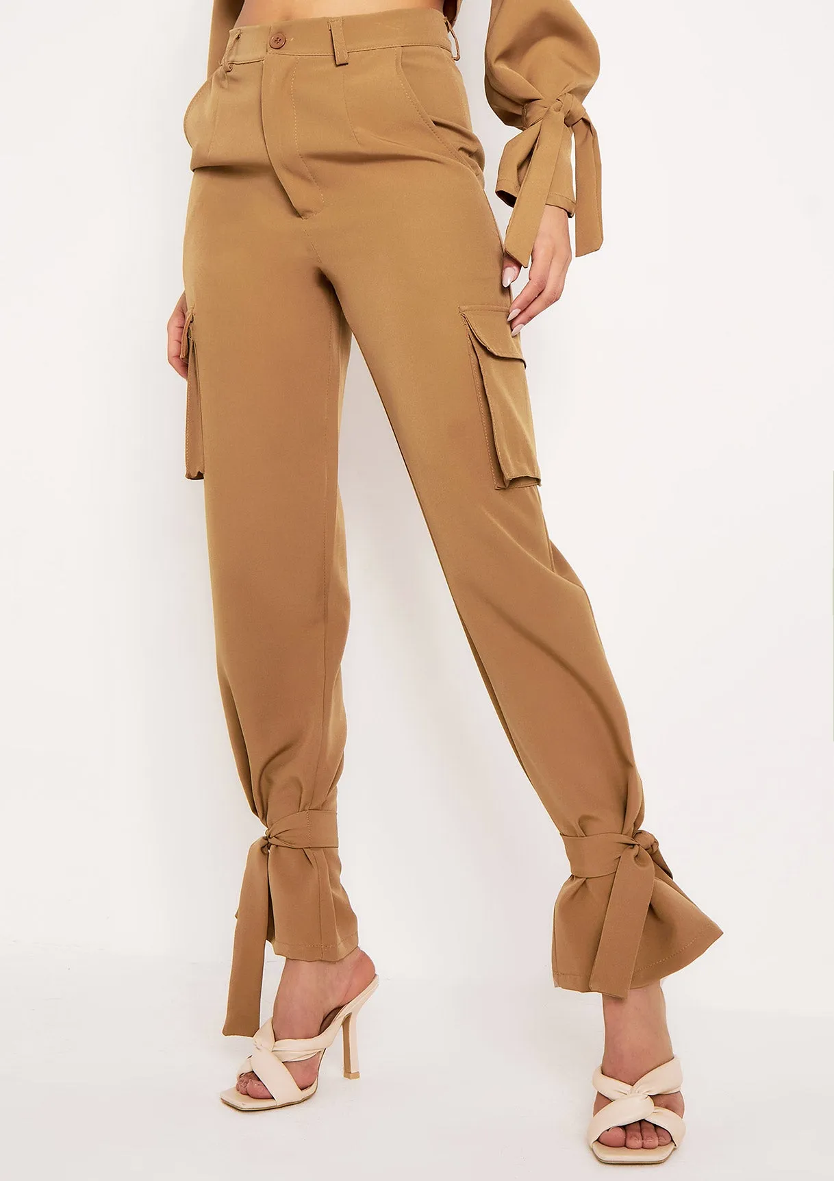 Zoey Camel Tie Ankle Pocket Detail Tailored Trouser